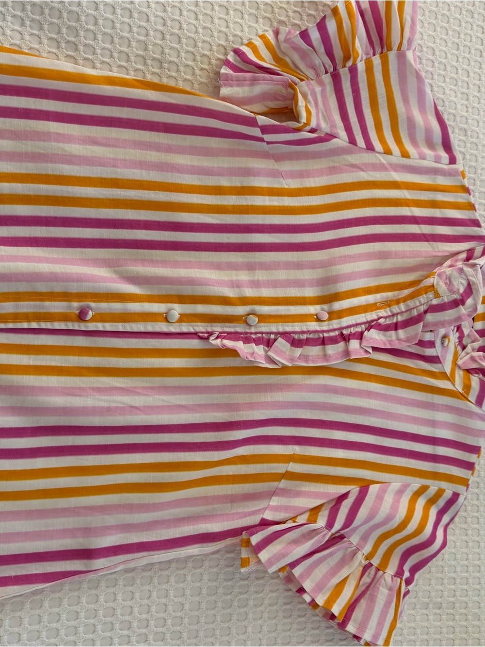 Striped Ruffle Button-Front Blouse in Pink, Yellow & White